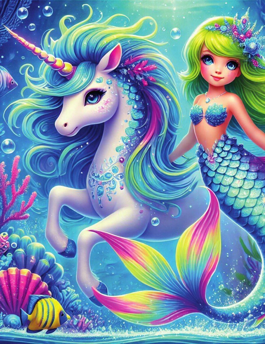 Back cover artwork: a unicorn with a rainbow tail swimming beside a green-haired mermaid among coral and tropical fish.