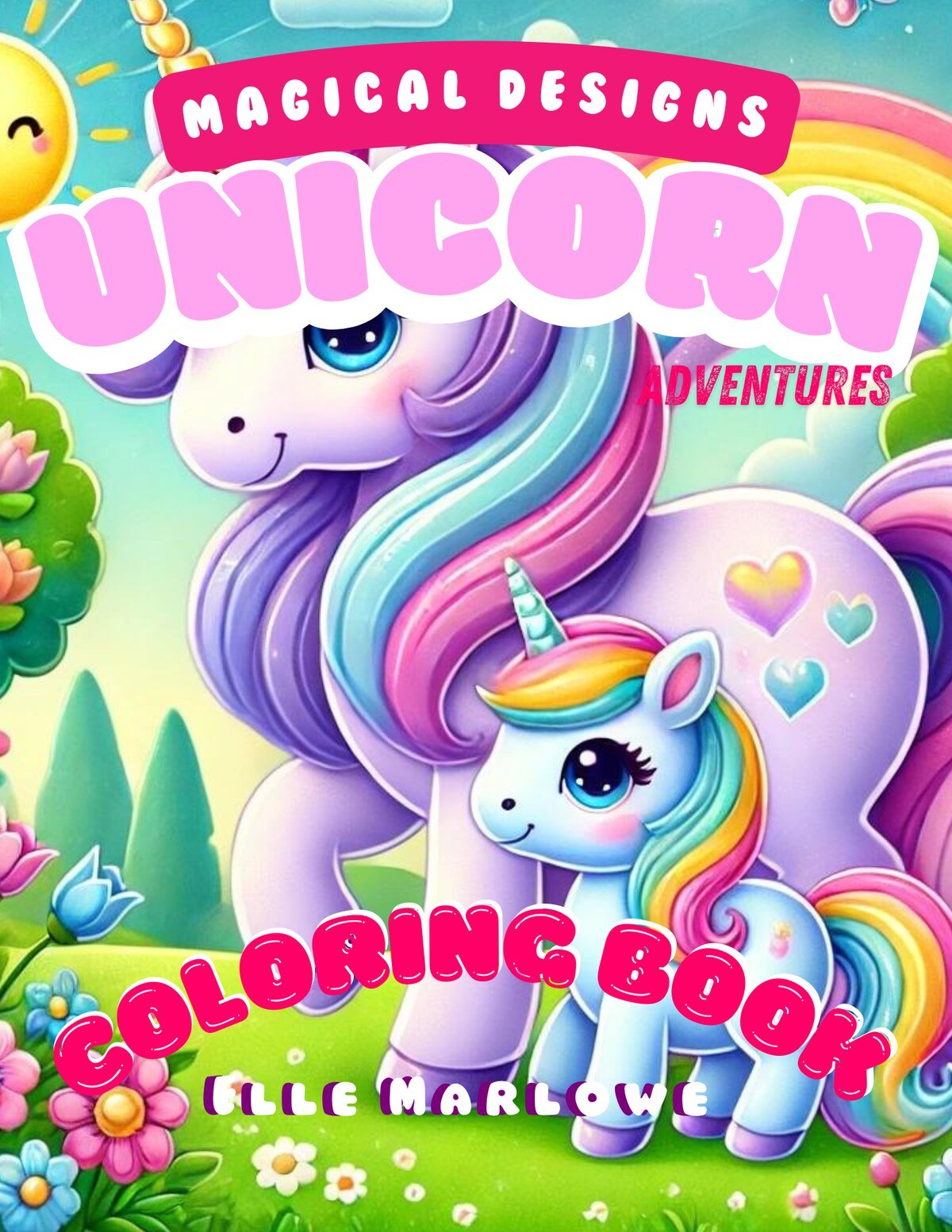 Front cover of Magical Unicorn Adventures, showing a purple unicorn and a rainbow-maned foal in a sunny meadow.
