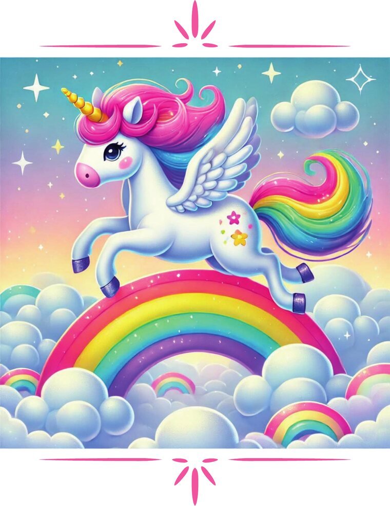 Full-colour version of the Ride the Rainbows design: a winged unicorn leaping over a rainbow above the clouds.