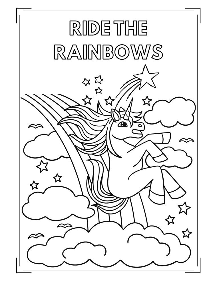 Line art version of the same Ride the Rainbows design, ready to colour.